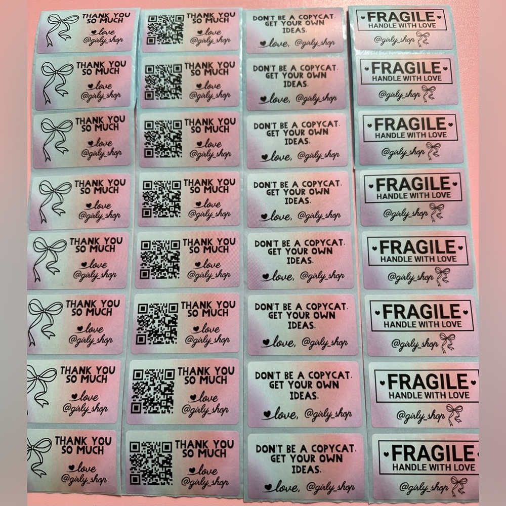 50 ct. Custom Berry Sherbet Rectangle Thank You, QR Code, FRAGILE Stickers